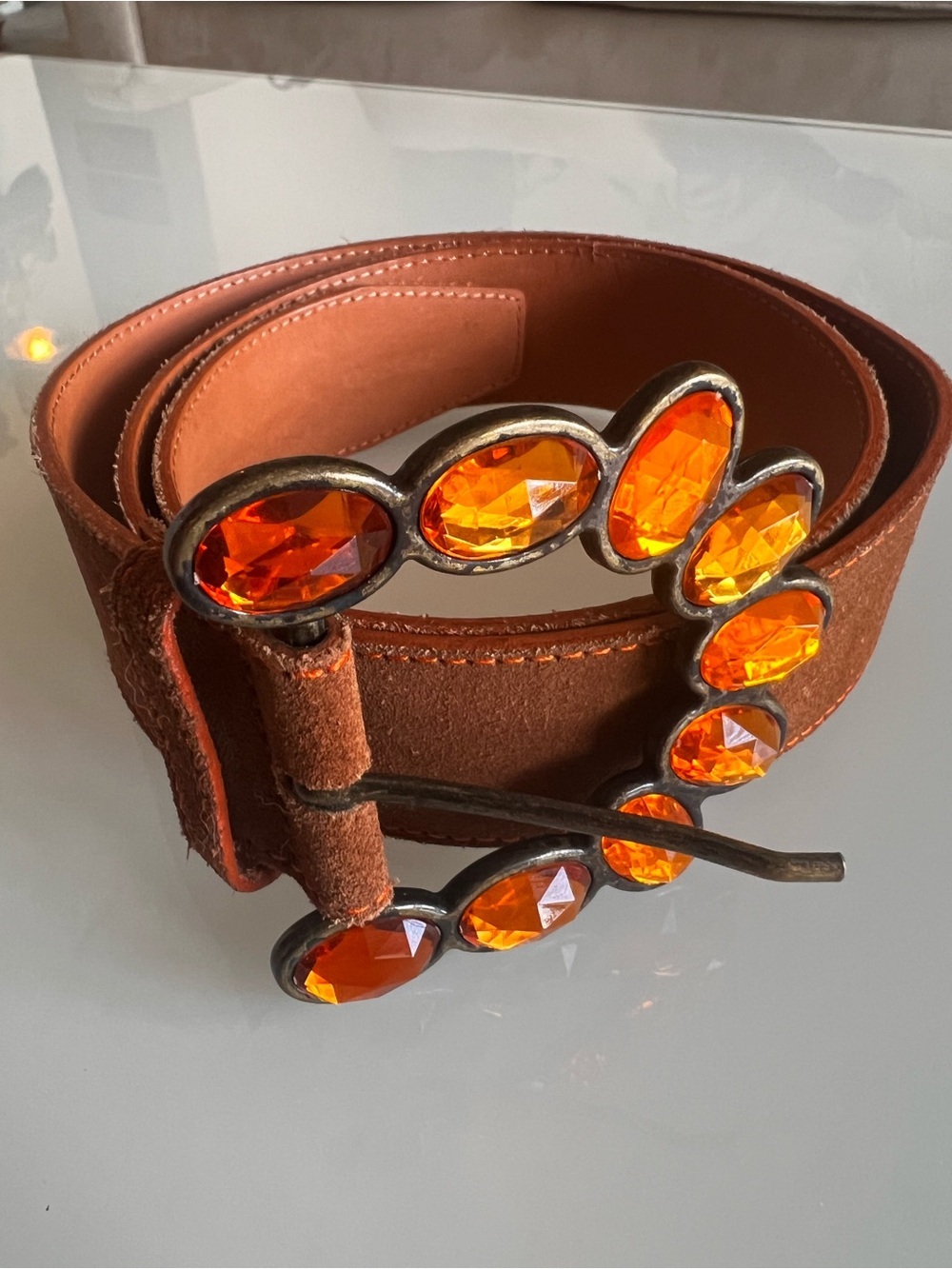 Olsen 100% Leather Cognac Brown Statement Belt Orange Stitch Size 8